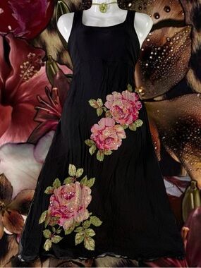 Vtg Y2K 90s Robbie Bee Party Fairy Dress Black Beaded Pink Roses 100% Silk Sz 8